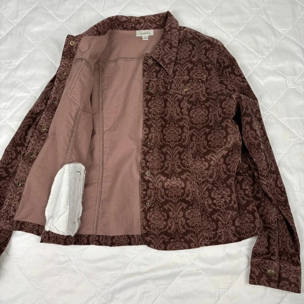 Dressbarn Corduroy Jacket Womens XL Brown Damask Print Snap Button Shacket‎